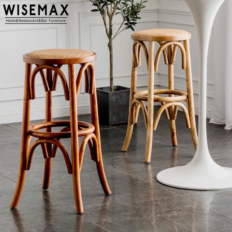 Vintage Barstool Chairs Rustic Wood Rattan Counter Stools