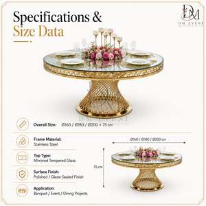 Table de banquet ronde sur mesure en acier inoxydable doré avec base en fil métallique et plateau en verre trempé miroir pour réceptions de mariage - Product Image 4