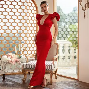 Sexy Women Dress Maxi Long Illusion Neck Ruffle Sleeves Slim Fit Red Evening dresses