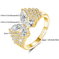 Réduire les bijoux après-vente couleur longue durée bague remplie d'or 14 carats bague en moissanite design papillon de luxe en argent 925