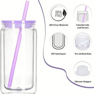 Custom Logo <b>Glitter</b> 16 oz Plastic Pre Drilled Hole Clear Double Wall Tumbler with Bamboo Lids Straws Snowglobe Cups for DIY - Product Image 4