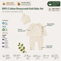 Ensemble bébé personnalisé OEM 100% coton tricot nid d'abeille, pull, leggings, bonnet pompon festonné, 3 pièces unisexe, vente en gros, couleur crème