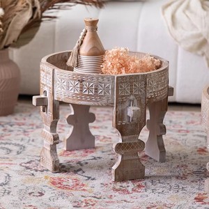 Tavolino da Caffè Rotondo in Legno Massello Intagliato a Mano - <span class=keywords><strong>Tavolo</strong></span> d'Appoggio in Stile Marocchino Vintage con Intricate Decorazioni Floreali per Soggiorno - Product Image 5