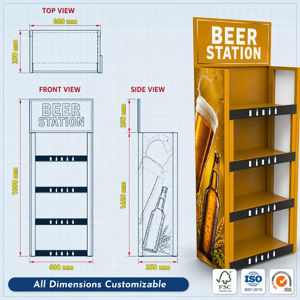 Apache Custom Beer Display Rack 64 Bottles 4-Tier Metal Craft Brew Merchandiser Knock Down Rotating Stand for Pub Bar OEM ODM — view 4