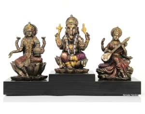 Estatua de resina de bronce Laxmi Ganesha y Saraswati (LGS), diosa hindú de Welth, prosperidad y sabiduría, dios hindú, Idol - Product Image 1