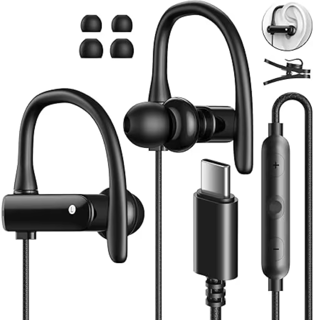 Ergonomic Sport Wired Headphones Wired In-Ear Over Ear Hooks Type-C Long Use Phone In-Ear Earbuds