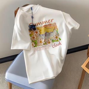 <span class=keywords><strong>T</strong></span>-<span class=keywords><strong>Shirt</strong></span> Décontracté d'É<span class=keywords><strong>t</strong></span>é pour <span class=keywords><strong>Femme</strong></span> 220G, Manches Courtes en <span class=keywords><strong>Coton</strong></span> Épais Tricoté avec Motif Imprimé et Logo – Vente en Gros - Product Image 2