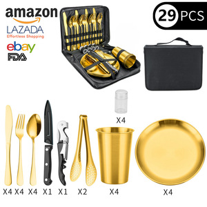 Stainless Steel Outdoor Cutlery Set 4 Person Portable <b>Camping</b> Knife Fork Spoon <b>Cup</b> Plate Gold Color Eco Friendly Storage - Product Image 4