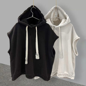 Hooded Sleeveless Pullover <b>Polyester</b> T-shirt Men's Solid Color Summer Fashion Trendy All-Match Casual Loose Design <b>Tshirt</b> Men - Product Image 2