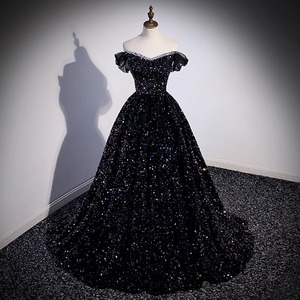Off The Shoulder Evening Gown Women Black Sequined Sparkly Dress Wedding Hostess Vocal Performance Costume - Product Image 1