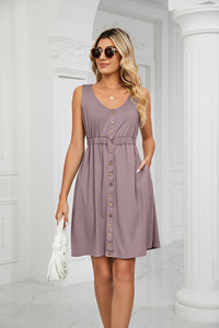 Robes d'été à la mode pour femmes, vêtements décontractés avec poches et boutons, col rond, fendue à la taille - Product Image 5