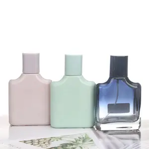 50Ml Platte Vierkante Fles Met Blauwgroene Roze Kleur En Hot Stamping Glazen Parfum Spuitflessen