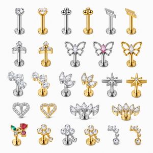 Pendientes de titanio ASTM F136 sin rosca para mujer, tipo labret, hélice, cartílago, parte trasera plana, oro, de inserción, para piercing corporal, venta al por mayor - Product Image 1