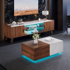 Mesa de <span class=keywords><strong>centro</strong></span> LED de nogal al por mayor, <span class=keywords><strong>centro</strong></span> de entretenimiento LED extensible con tomas de corriente, almacenamiento oculto para sala de estar - Product Image 1
