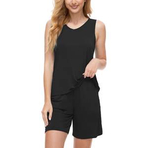 Ensemble de pyjama pour femmes avec impression de logo personnalisé, débardeurs et shorts en modal 100% coton, sans manches, vêtements de nuit pour femmes - Product Image 2