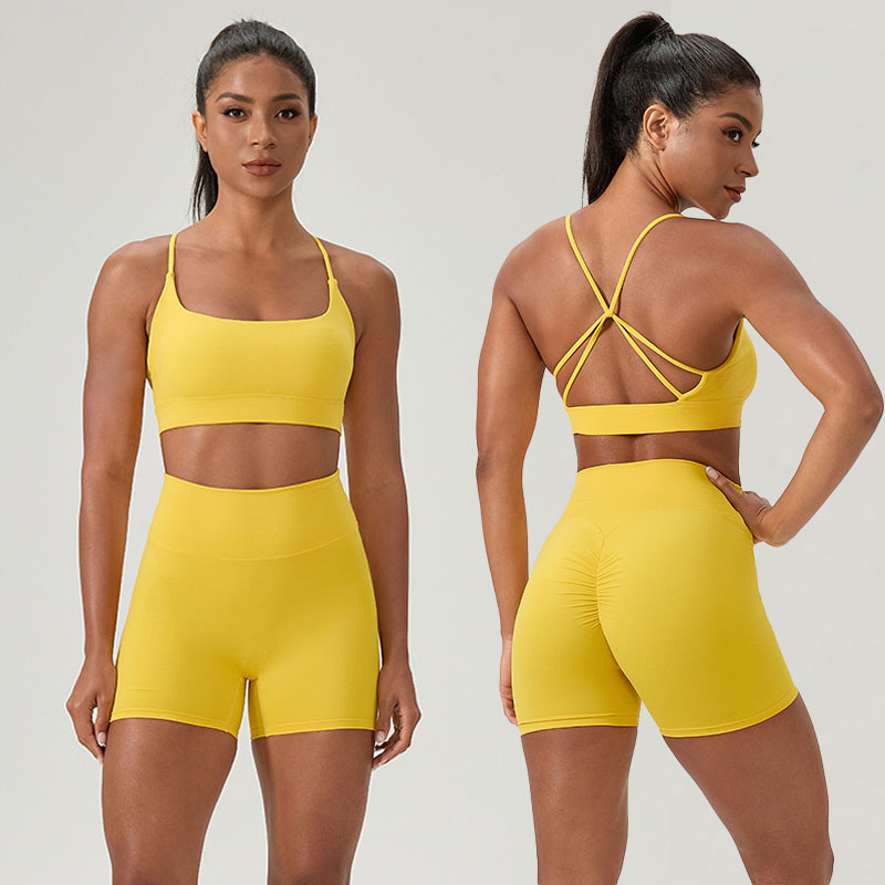 Women's 2-Piece Yoga Set Quick Dry Lightweight Seamless Breathable Cross Back Bra High Waist Butt Lift Sports Shorts Solid