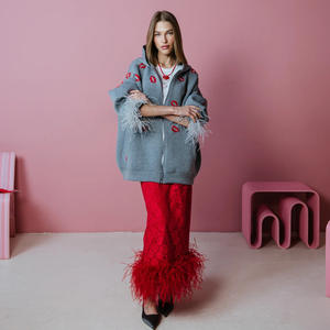 Wholesale 2026 Fashionable Women's 100% Cotton Embroidery Zipper Closure <b>Hoodie</b> With <b>Fur</b> Sleeve Hem - Product Image 4