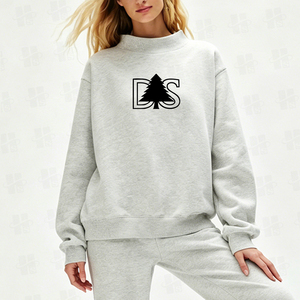Sweat-shirt col montant personnalisé en coton épais, style streetwear, pull brodé en molleton, coupe oversize, gris, pour femme - Product Image 2