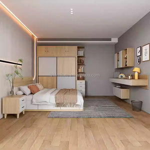 Cost-Effective Studio Apartment Bedroom Furniture Sets <b>Light</b> Wood Bed Wardrobe & Floating Desk Combo for Compact Living <b>Space</b> - Product Image 1