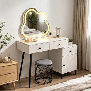 Modern Makeup Vanity <b>With</b> Lighted Cloud Mirror And Storage <b>Drawers</b> Bedroom <b>Dressing</b> <b>Table</b> <b>With</b> Stool - Product Image 4