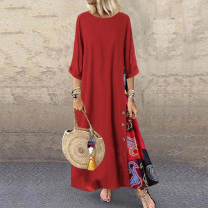 Robe longue décontractée de luxe en coton et lin pour femme, style vintage, taille empire, manches 3/4, collection automne 2025 - Product Image 3