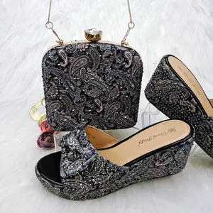 Black Color Latest Nigerian Slipper And Matching Bag Decorated With Rhinestone 2.8 Inches Shoes And Bag Set For Women