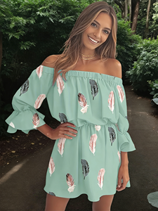 Off The Shoulder Chiffon Mini Dress With Feather Print Ruffle Sleeve Boho Loose Fit Summer Casual Dress - Product Image 5