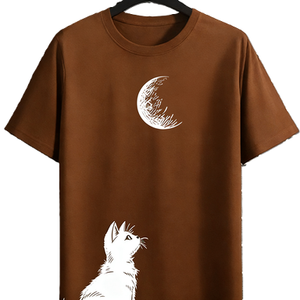 T-shirt Grafica Gatto che Guarda la Luna, Cielo Notturno Celestiale, Maglietta per Amanti degli Animali / T-shirt Oversize in Cotone a Maniche Corte con Gatto e Luna, Streetwear Casual - Product Image 6