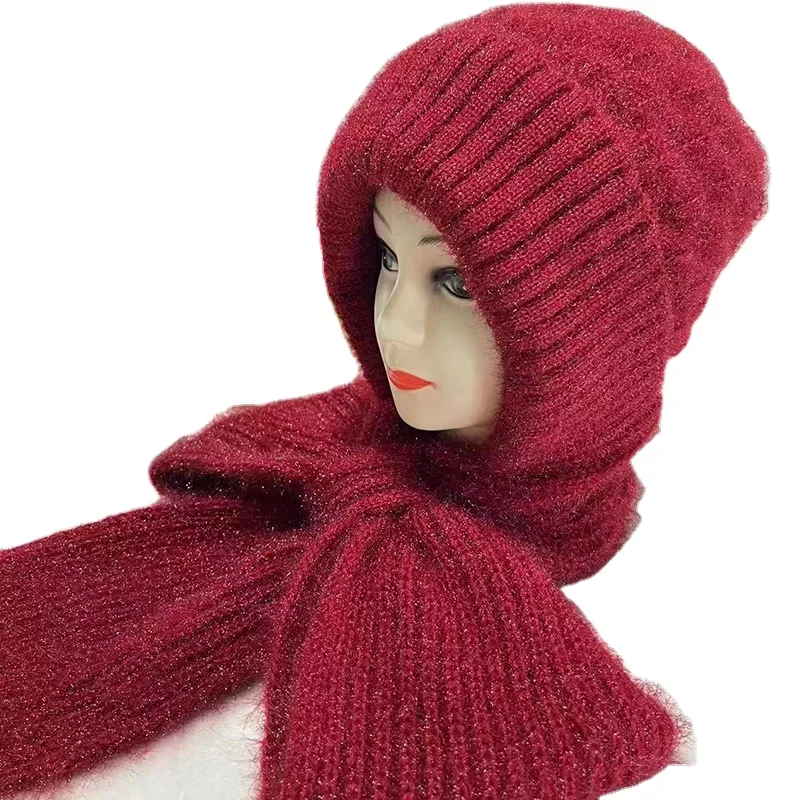 Women Red Hooded Scarf Winter Beanie Hats Beanies Knitted Crochet Hat Women Knit Beanie Cap Faux Cashmere Hooded Scarf Hat Crochet  main image 2