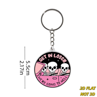 Porte-clés Pink Ride, design humoristique 'Get in Loser' avec 3 squelettes dans la voiture, accessoire gothique original pour clés ou sacs à dos