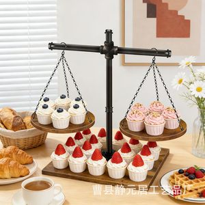 Support à cupcakes en bois à double étage, présentoir à desserts en fer forgé, plateaux à plusieurs niveaux de style rustique pour décorations de table de fête d'anniversaire - Product Image 2