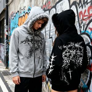 เสื้อฮู้ดดี้โอเวอร์ไซส์ทรงบ็อกซี่สำหรับผู้ชาย สไตล์วินเทอร์สตรีทแวร์ พร้อมลายปักดิจิทัลแบบกำหนดเอง กันลม มีซิป คอปกขนสัตว์ถอดออกได้ - Product Image 1