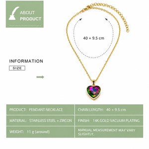 Collier avec pendentif cœur multicolore en zircon en acier inoxydable avec placage sous vide en or 14 carats, chaîne de 40+9,5 cm - Product Image 2