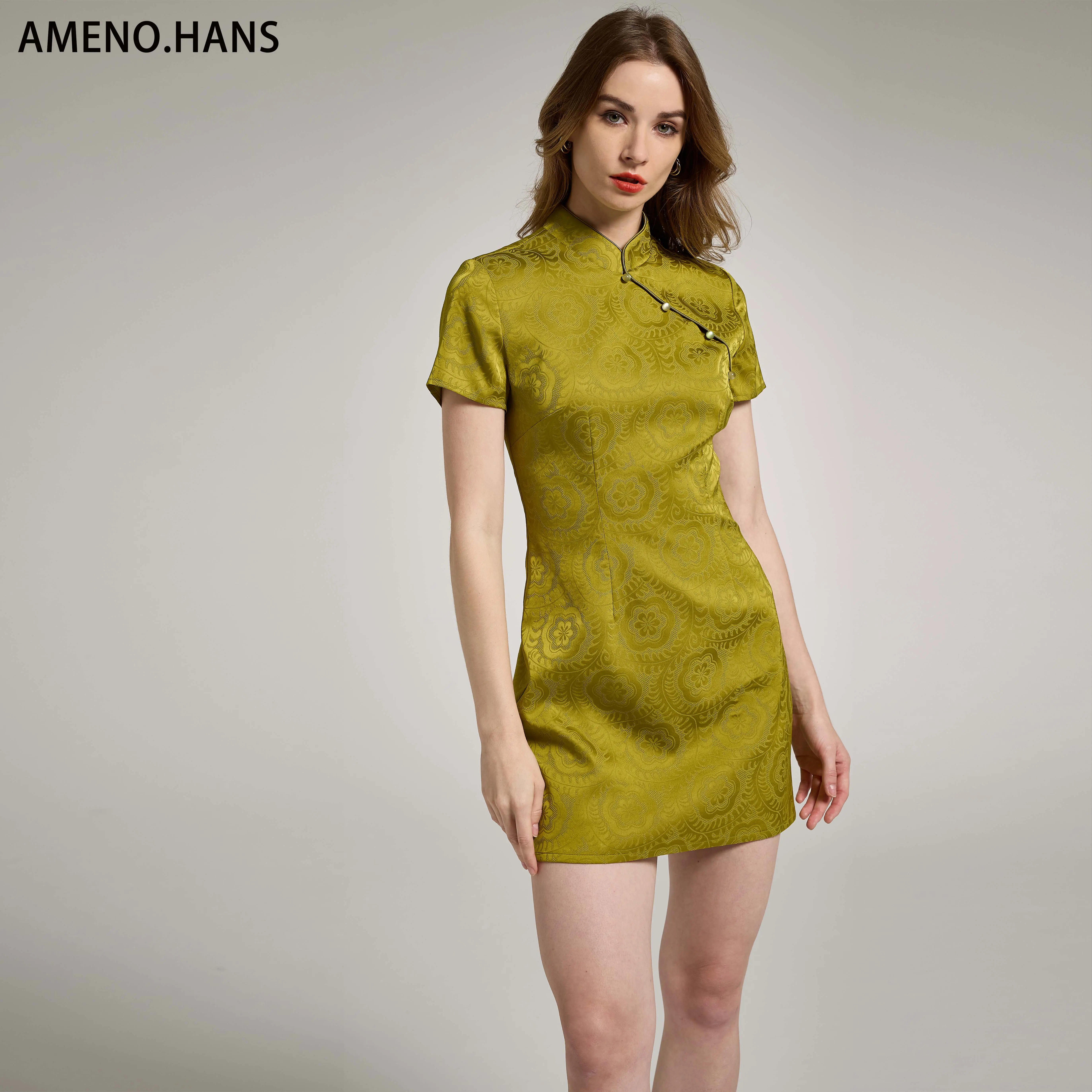 New design green vintage chinese Jacquard Back cutout cross straps cheongsam dress chinese traditional