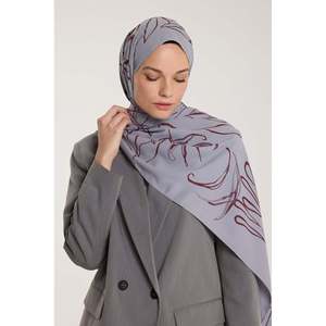 Pure Tone Shawl - Leaf Pattern - <b>Silver</b> - Burgundy - Leaf Pattern - <b>Silver</b> - Burgundy - Product Image 2