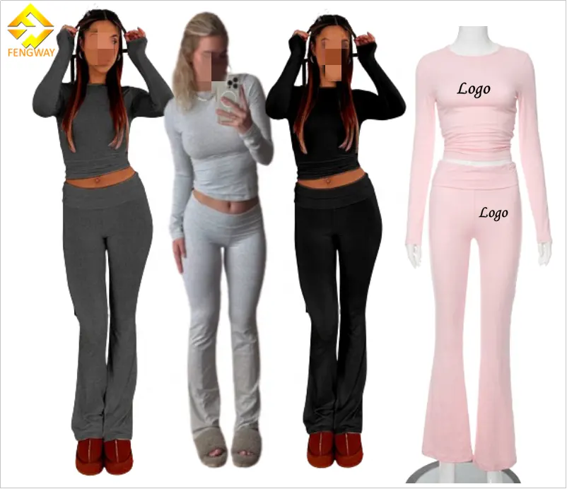 नए आगमन में महिलाओं के सूट बुनियादी डिजाइन ठोस रंग फसल शीर्ष हुडी मैच वाइड लेगिंग पैंट 2 टुकड़ा सेट