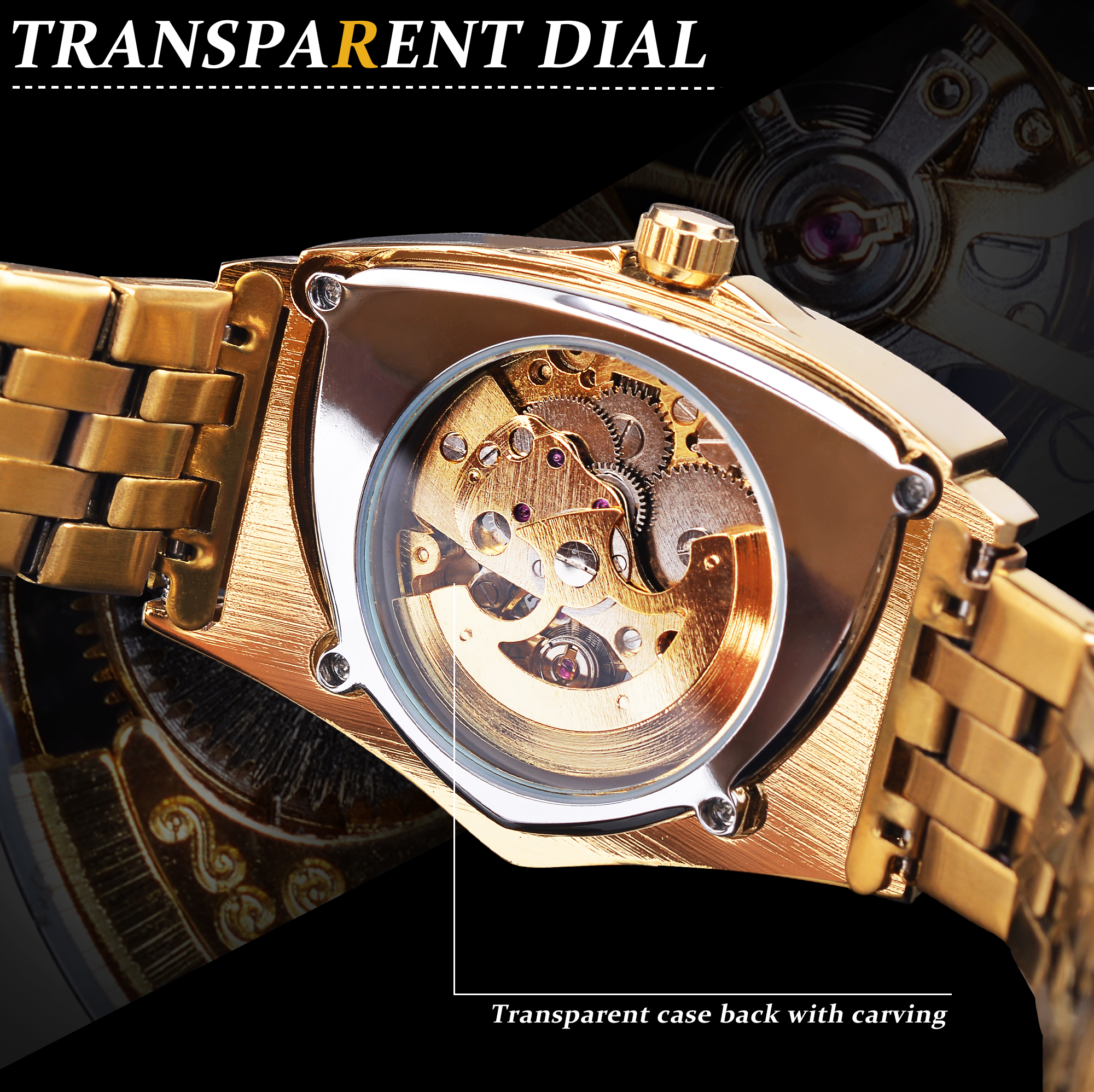 FORSINING Orologio Uomo Automatico A Scheletro - Cassa Quadrata In Acciaio E Cinturino In Silicone - Oro