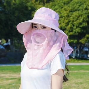 Sombrero para recolección de té para mujer, protección solar, cubre rostro, transpirable, ligero, para verano, trabajo en la granja, diseño gris de lunares - Product Image 4