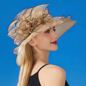 2026 MS Fancy Adult Elegant Wide Brim Church <b>Hats</b> Party Travel Outdoor Women's Flower Organza Ladies Beach Sun <b>Hat</b> - Product Image 4