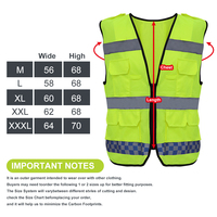 Gilet de sécurité jaune haute visibilité en tricot warp avec 3 bandes réfléchissantes, bande à carreaux bleus et 8 poches zippées