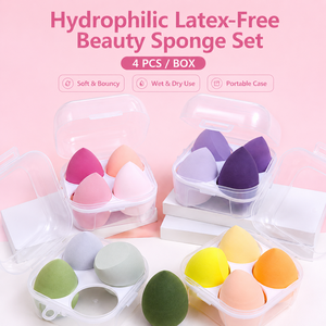 Lot <span class=keywords><strong>de</strong></span> 4 éponges <span class=keywords><strong>de</strong></span> maquillage professionnelles OEM, portables, sans latex, hydrophiles, douces et rebondissantes, avec étui - Product Image 1