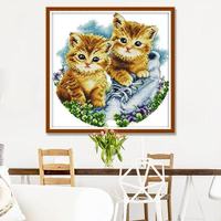 Kit de Broderie Point de Croix Pré-imprimé DIY sur Toile Aida, Motif Chatons Mignons avec Chaussures et Motifs Floraux, pour Adultes Débutants, Décoration et Cadeau