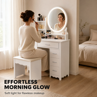 Ensemble coiffeuse de chambre moderne en bois de luxe léger avec miroir LED, 4 tiroirs, étagère latérale et tabouret – Finitions personnalisées – Fabrication usine de meubles