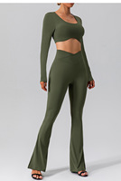 Ensemble de sport et yoga 2 pièces pour femme : Crop top à manches longues et dos ouvert, pantalon évasé taille haute à fente, extensible, pour l'entraînement et le fitness