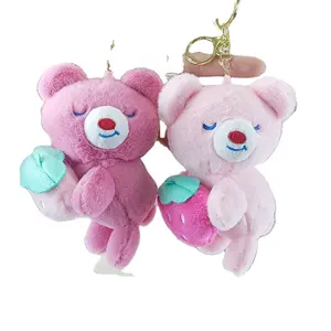 Factory Sale 15cm Stuffed Animals Cute Fat Pink Bear With Strawberry Keychain Plush Doll Schoolbag Pendant Doll Gift Soft Toy