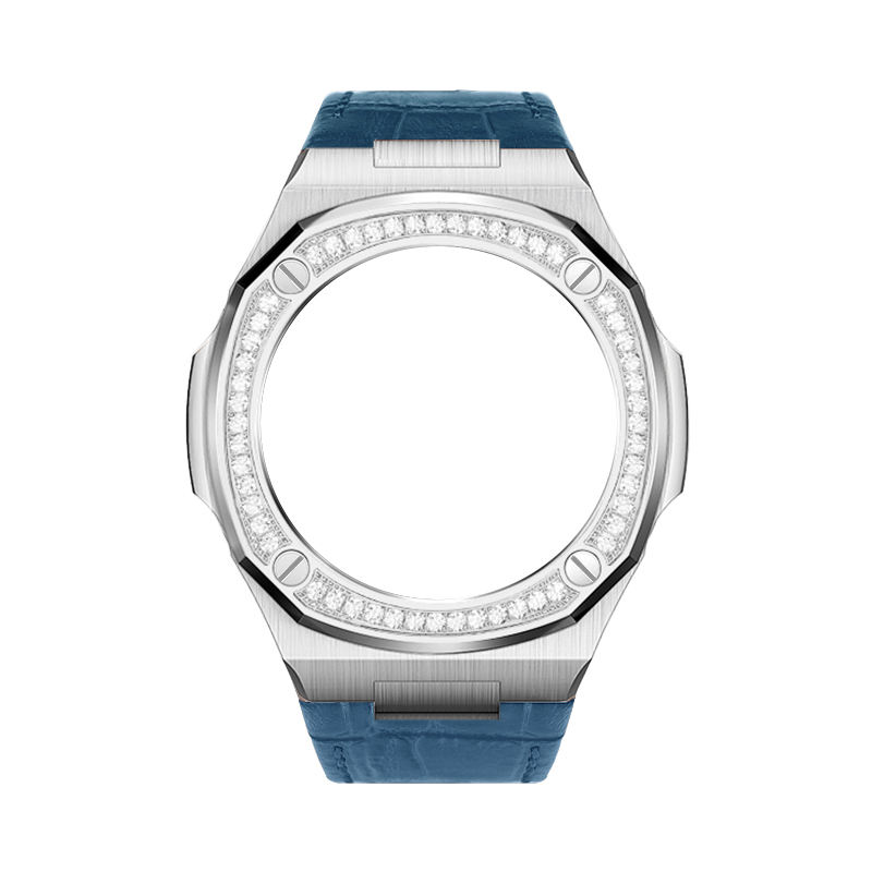 boîtier argenté-bracelet en cuir bleu