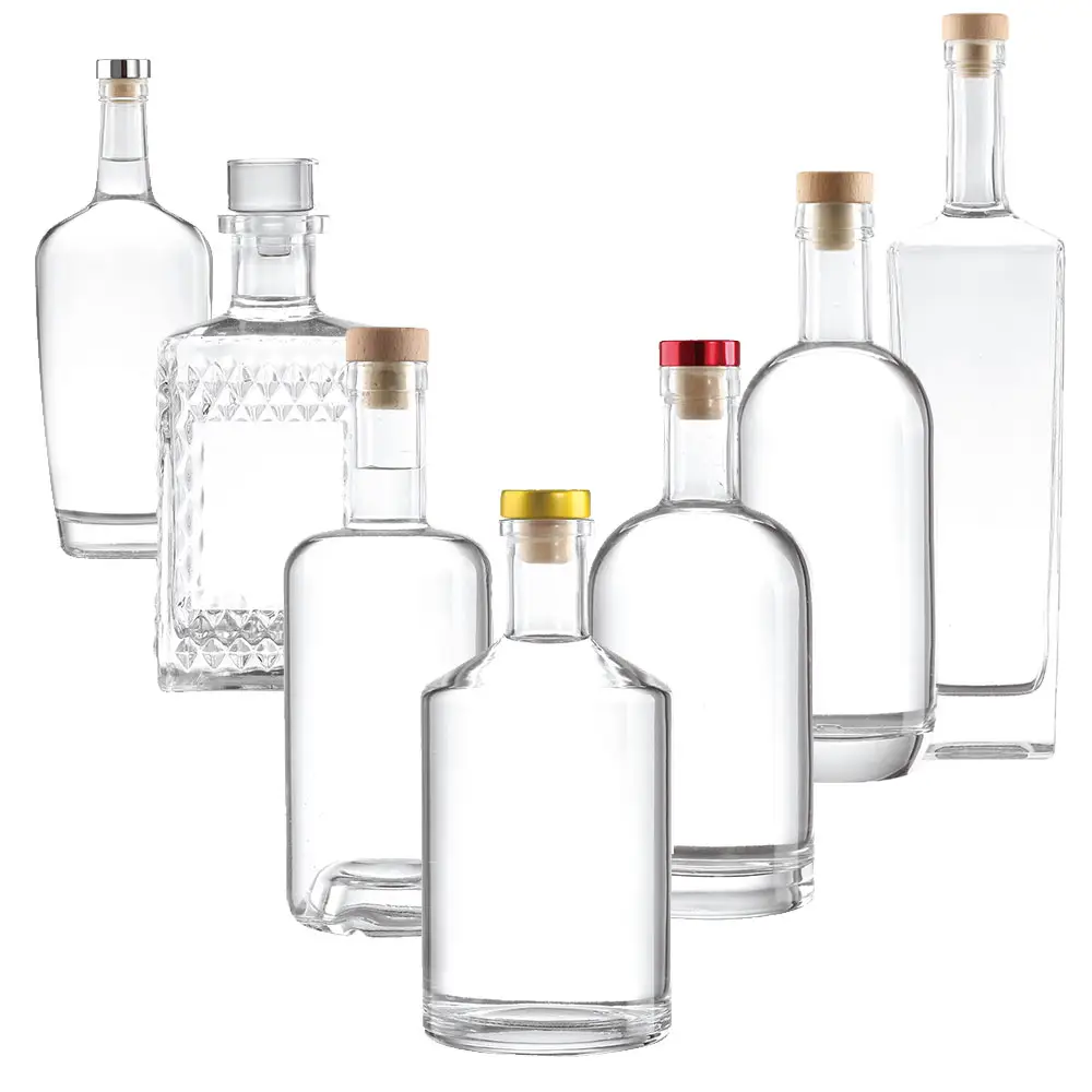زجاجة زجاجية فاخرة مخصصة من Botella De viddrio فارغة شفافة للفودكا جين من الزجاج لصناعة الخمور بغطاء
