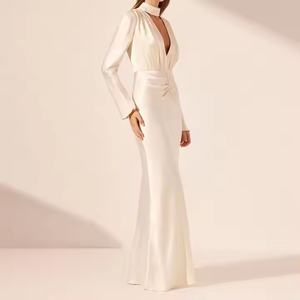 Robe de Soirée Élégante et Modeste en Satin, Col en V Profond, Manches Longues, Taille Cintrée, Coupe Droite – Vente en Gros de Vêtements - Product Image 2