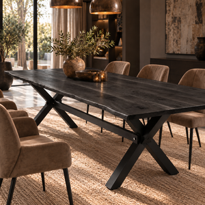 Table à manger moderne en bois massif avec bord naturel, pieds en métal en forme de X, plateau rectangulaire, mobilier de salle à manger pour 4 personnes, pour la maison et la cuisine - Product Image 4