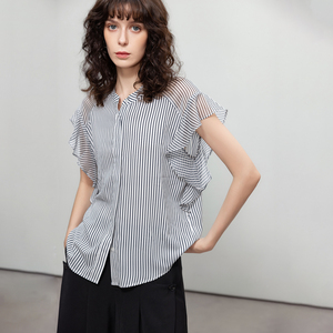 Demana Simple Commuter Ruffle <b>Patchwork</b> <b>Shirt</b> Lightweight Striped Elegant <b>Shirt</b> Women's Blouses - Product Image 1